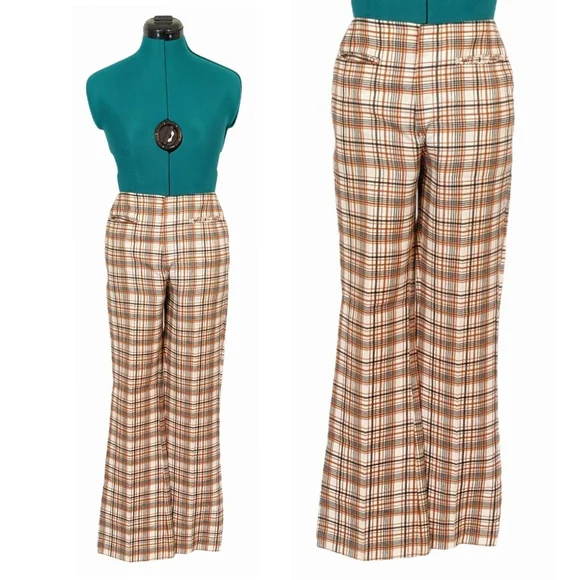 1960s Levi's for Gals Pants 1970s Bootcut Flare Trousers Plaid Brown Mid Rise - Picture 1 of 9